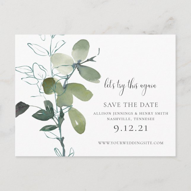 Greenery Change the Date Eucalyptus Wedding Announcement Postcard (Front)