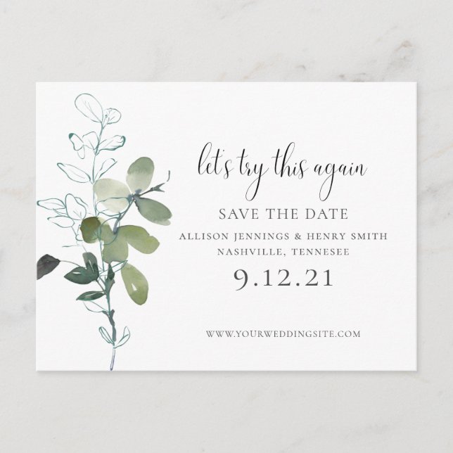 Greenery Change the Date Wedding Save the Date Announcement Postcard (Front)