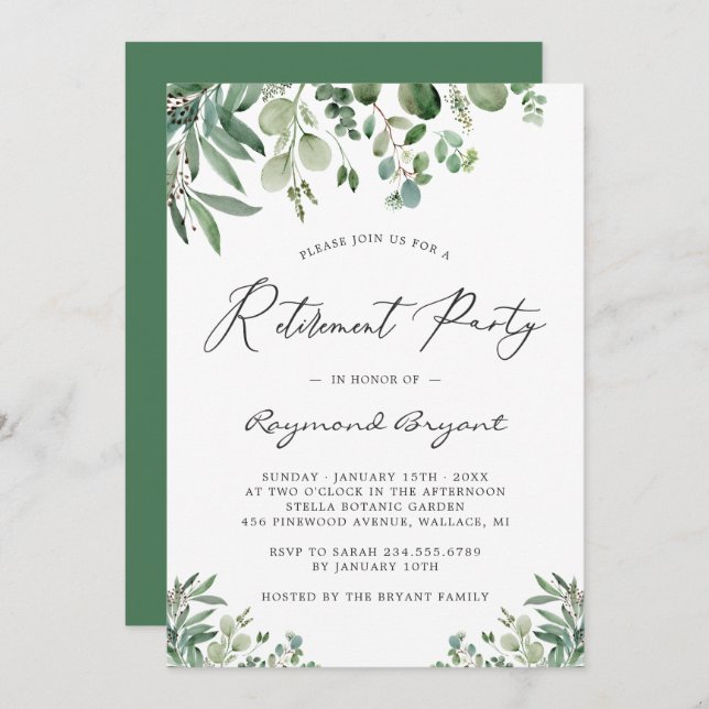 Greenery Chic Eucalyptus Leaves Retirement Party Invitation (Front/Back)
