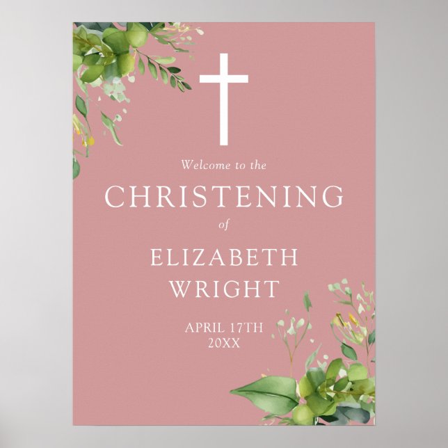 Greenery Christening Dusty Rose Pink Welcome Sign (Front)
