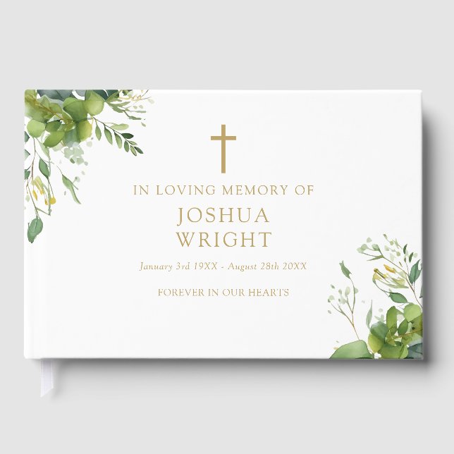 Greenery Christian In Loving Memory Funeral Guest Book (Front)