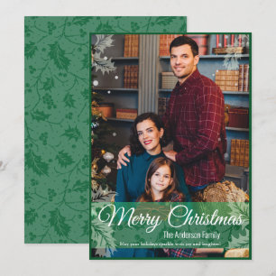 Greenery Christmas Holly Leaves Green Frame Photo Holiday Card