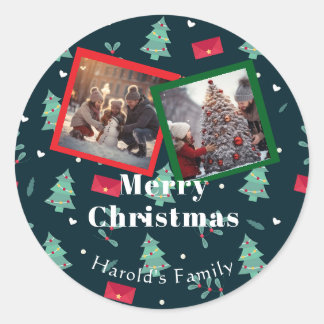 Greenery Christmas Monogram Photo  Classic Round Sticker
