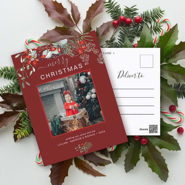 Greenery Christmas Photo Watercolor Burgundy Holiday Postcard (You will love these beautiful Christmas cards! They feature botanical watercolor pine and berries.)