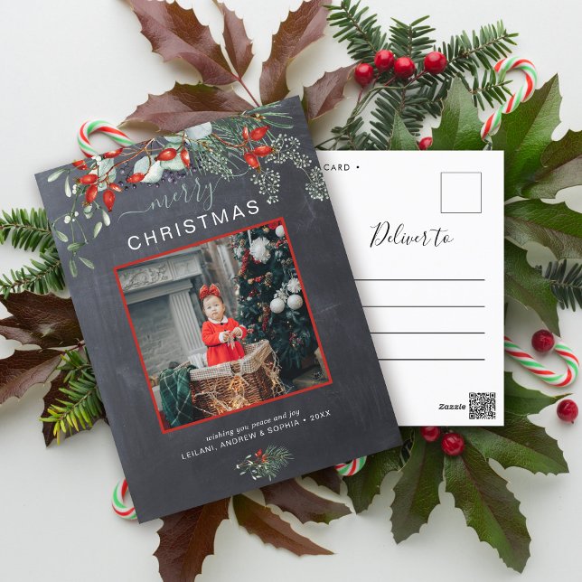 Greenery Christmas Photo Watercolor Chalkboard Holiday Postcard (You will love these beautiful Christmas cards! They feature botanical watercolor pine and berries.)