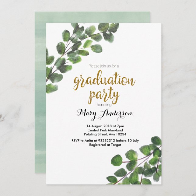 Greenery college graduation party invitation (Front/Back)