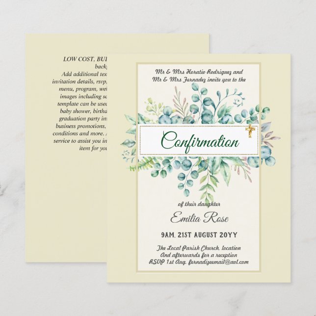 Greenery CONFIRMATION Invite Modern Double Sided (Front/Back)