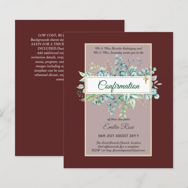 Greenery CONFIRMATION Invite Modern Double Sided (Front/Back)