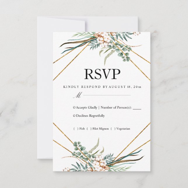 Greenery Cotton Boho Glitter Wedding RSVP Card (Front)