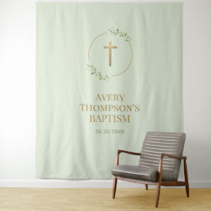 Greenery Cross Baptism Sage green backdrop Tapestry
