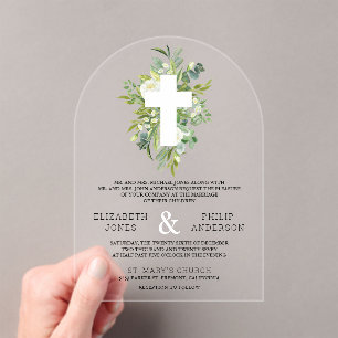 Greenery Cross Catholic Wedding Acrylic Invitations