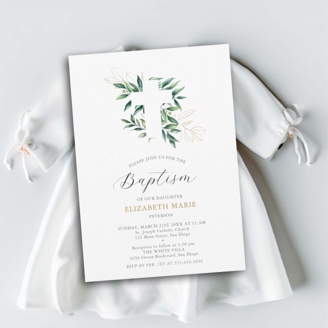 Greenery Cross Gold Foliage Baby Toddler Baptism Invitation (baptism invitation christening baby toddler greenery cross gold foliage elegant classy minimalist)