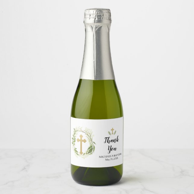 Greenery Cross Mini Sparkling Wine Bottle Label (Front)