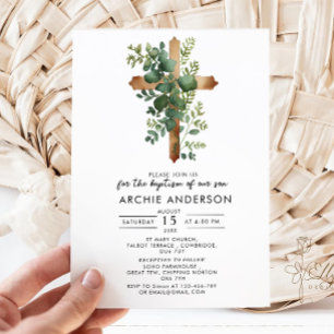 Greenery Cross Minimalist Baptism Christening Invitation