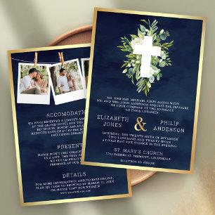 Greenery Cross Navy All in One Catholic Wedding Invitation