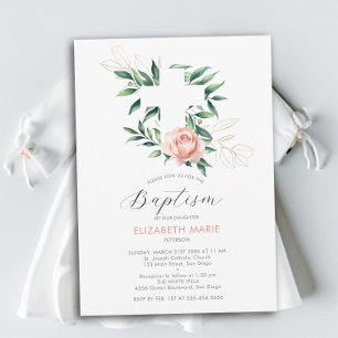 Greenery Cross Pink Blush Gold Baby Girl Baptism Invitation