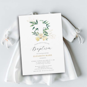 Greenery Cross Yellow Floral Baby Toddler Baptism Invitation
