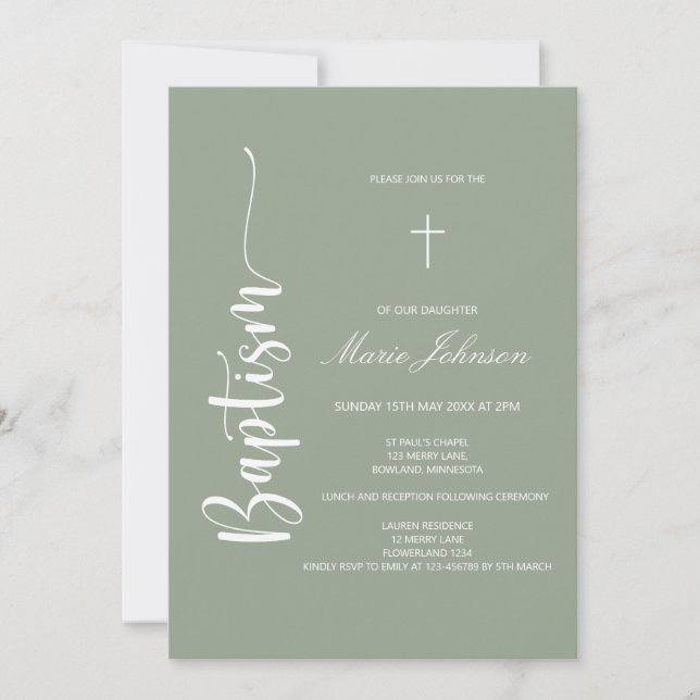 Greenery custom girl modern baptism invitation (Front)