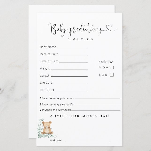 Greenery Cute Bear Baby Shower Predictions Advice (Front/Back)