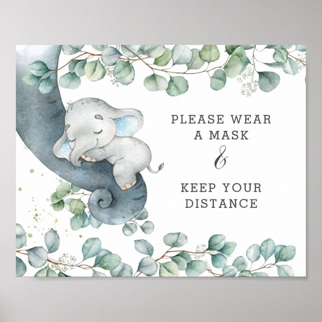 Greenery Cute Elephant Wear a Mask Keep Distance Poster (Front)