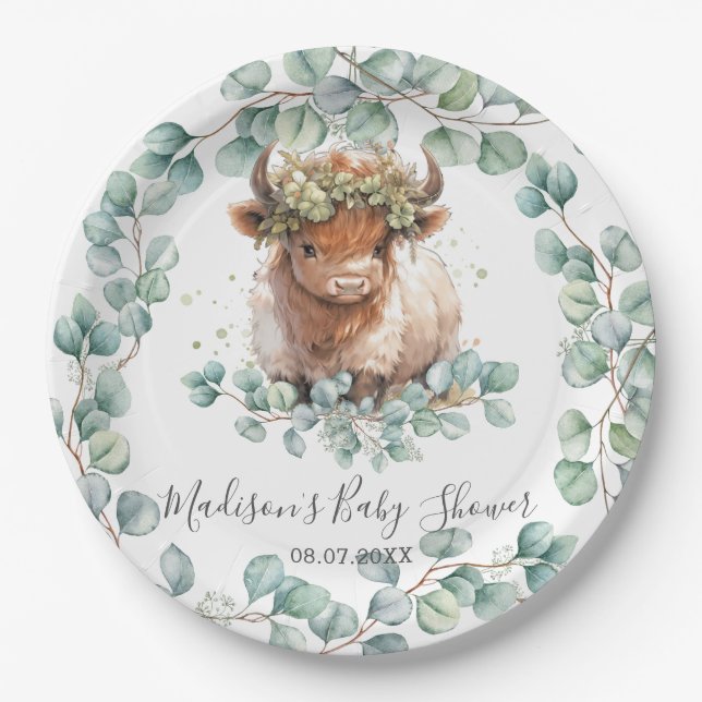Greenery Cute Highland Cow Baby Shower Birthday Paper Plate (Front)