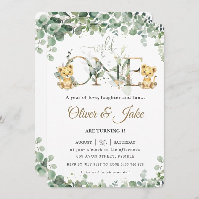 Greenery Cute Lion Cubs Twins Boys 1st Birthday  Invitation (Front/Back)