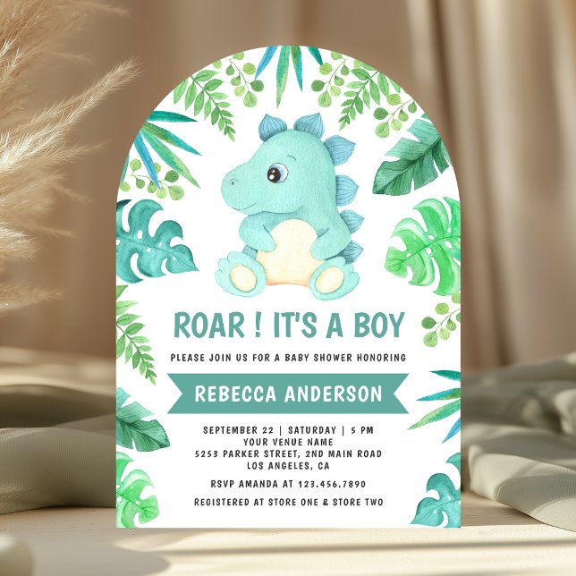 Greenery Cute Teal Dinosaur Arch Baby Shower Invitation (Creator Uploaded)