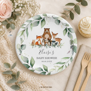 Greenery Cute Woodland Animals Baby Shower Neutral Paper Plate