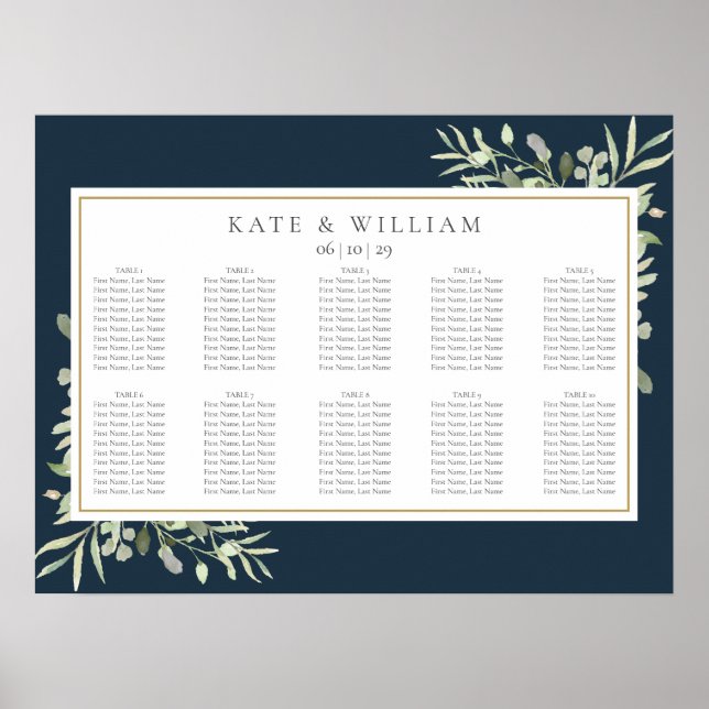 Greenery Deep Sea Blue Gold Wedding Seating Chart (Front)