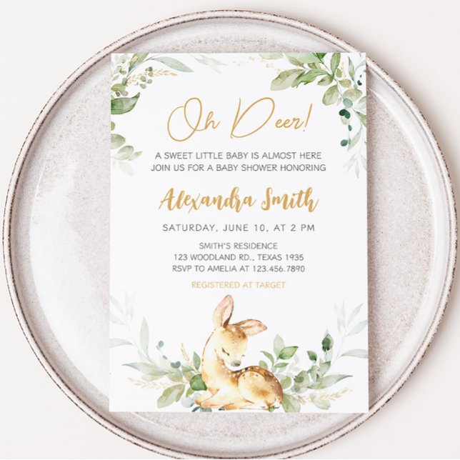 Greenery Deer Baby Shower  Invitation (Woodland Greenery Deer Baby Shower Invitation)