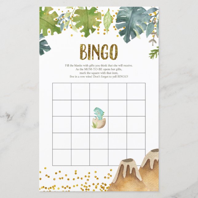 Greenery Dinosaur Watercolor Bingo Game (Front)