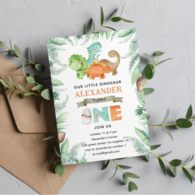 Greenery Dinosaur Wild One Birthday Party Invitati Invitation (Creator Uploaded)
