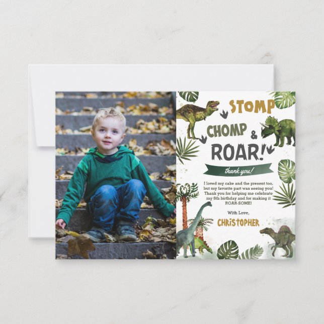 Greenery Dinosaurs Birthday Party Stomp Chomp Roar Thank You Card (Front)