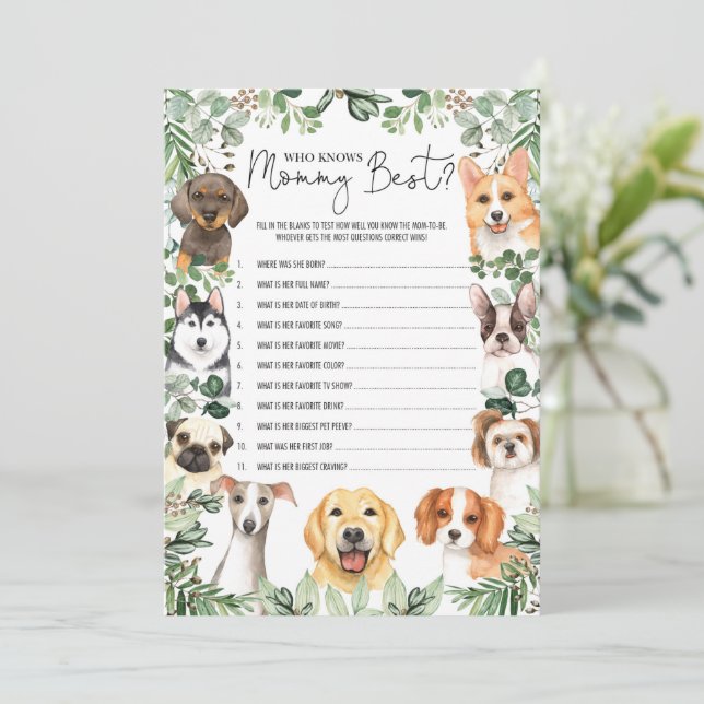 Greenery Dog Who Knows Mummy Best Shower Game Card (Standing Front)