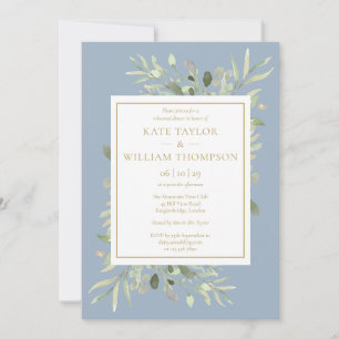 Greenery Dusty Blue And Gold Rehearsal Dinner Invitation