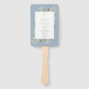 Greenery Dusty Blue Baptism Christening Program Hand Fan