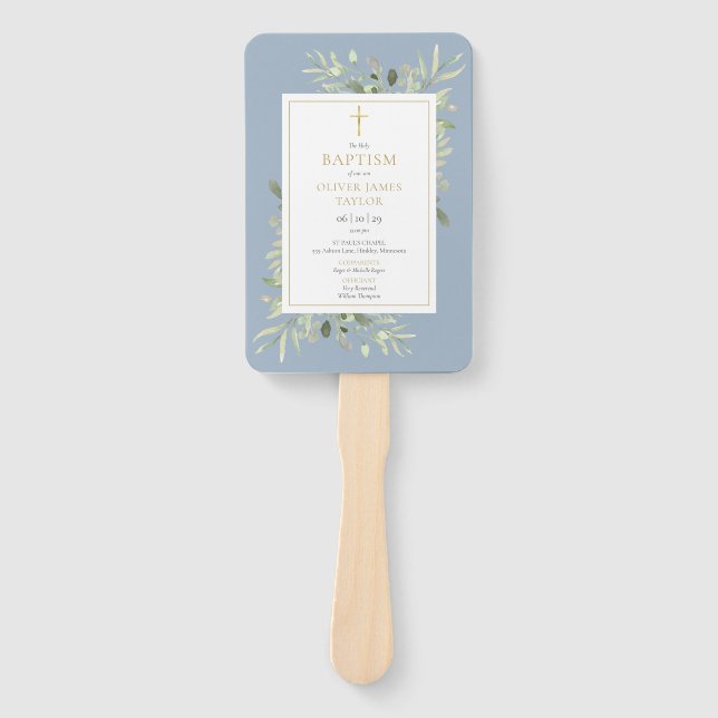 Greenery Dusty Blue Baptism Christening Program Hand Fan (Front)