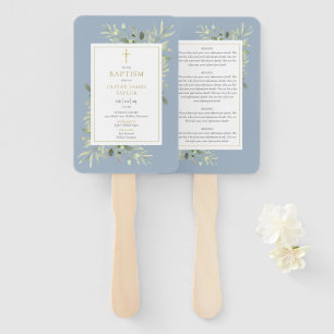 Greenery Dusty Blue Baptism Christening Program  Hand Fan