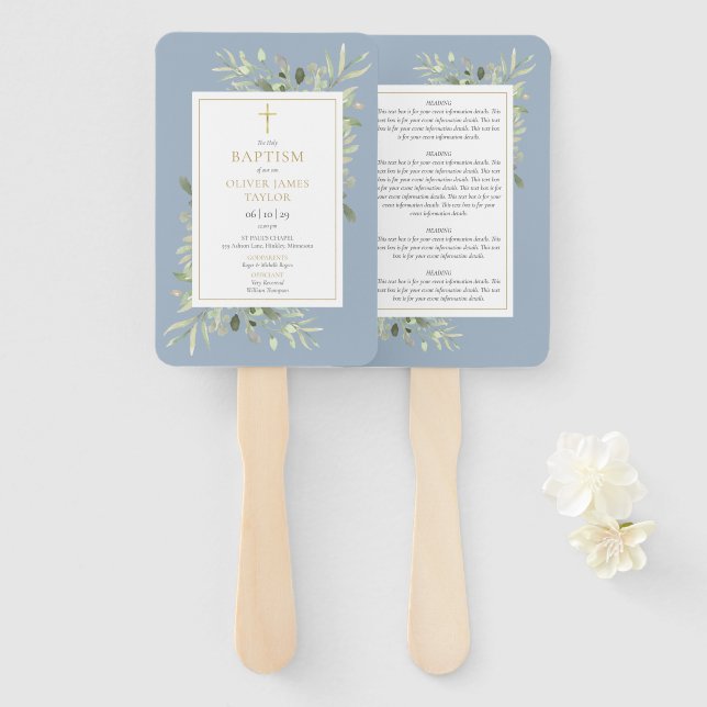 Greenery Dusty Blue Baptism Christening Program  Hand Fan (Front and Back)