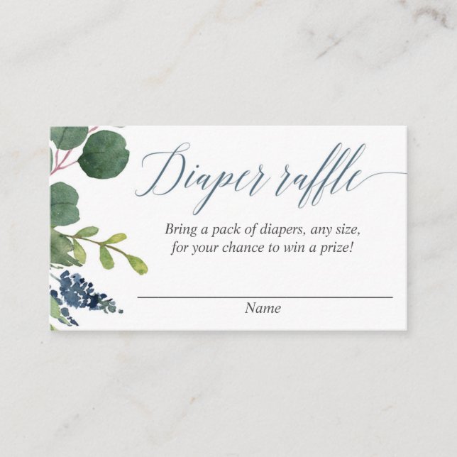 Greenery dusty blue botanical diaper raffle cards (Front)