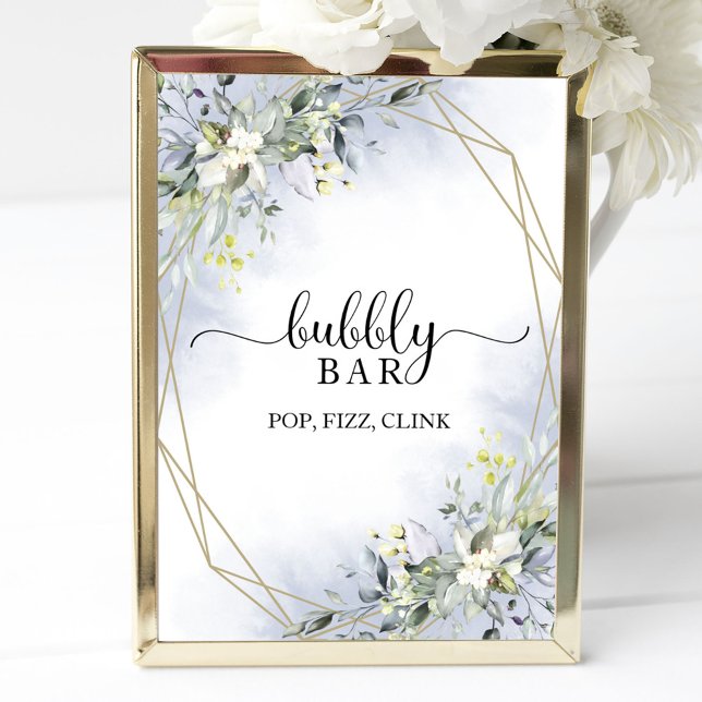 Greenery Dusty Blue Bridal Shower Bubbly Bar Sign (Creator Uploaded)