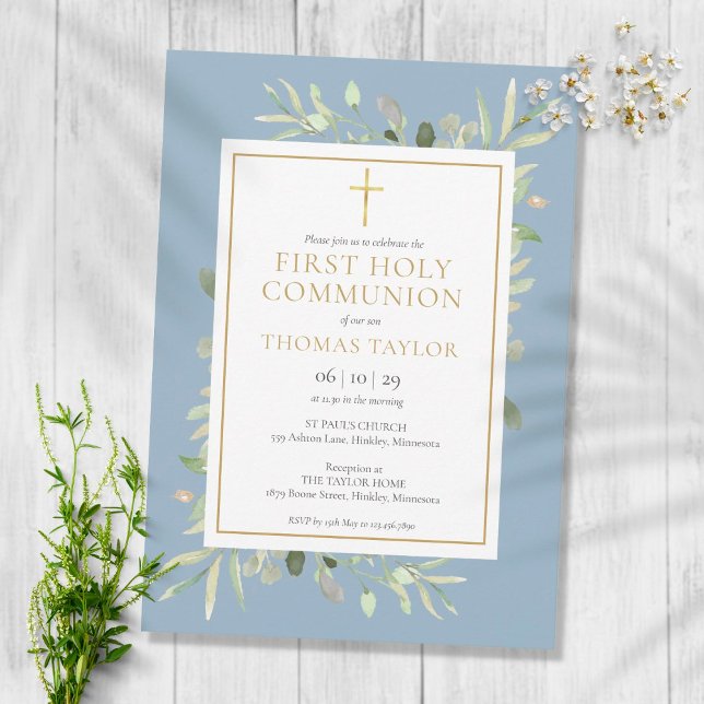 Greenery Dusty Blue First Holy Communion Invitation (Creator Uploaded)