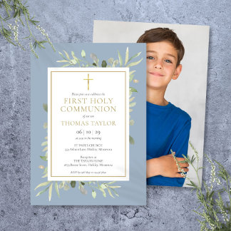 Greenery Dusty Blue First Holy Communion Photo Invitation
