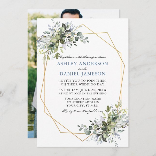 Greenery Dusty Blue Geo Frame Photo Back Wedding Invitation (Front/Back)