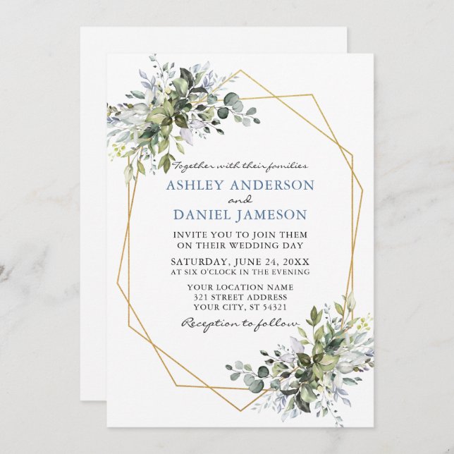Greenery Dusty Blue Geo Frame Photo Wedding Invitation (Front/Back)