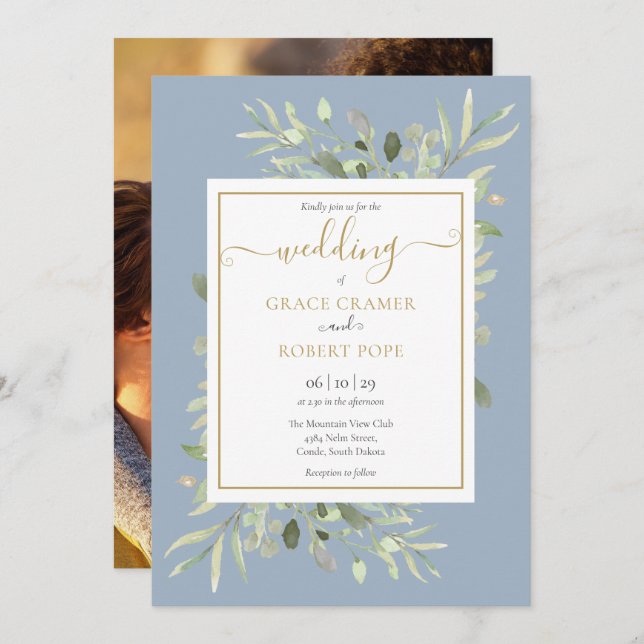 Greenery Dusty Blue Gold Script Photo Wedding Invitation (Front/Back)