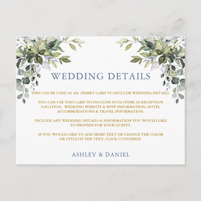 Greenery Dusty Blue Gold Wedding Details Card (Front)