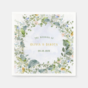 Greenery Dusty Blue Watercolor Wildflowers Wedding Napkin