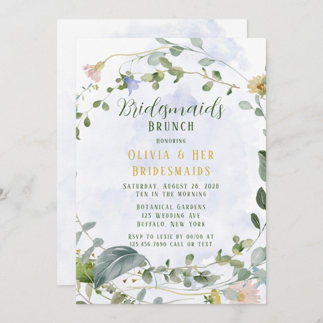 Greenery Dusty Blue Wildflower Bridesmaids Brunch Invitation (Front/Back)