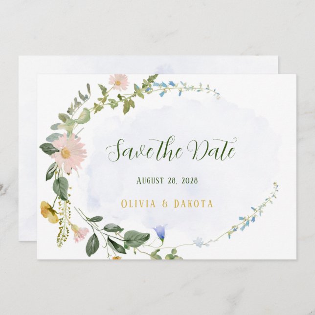Greenery Dusty Blue Wildflower Save The Date Cards (Front/Back)